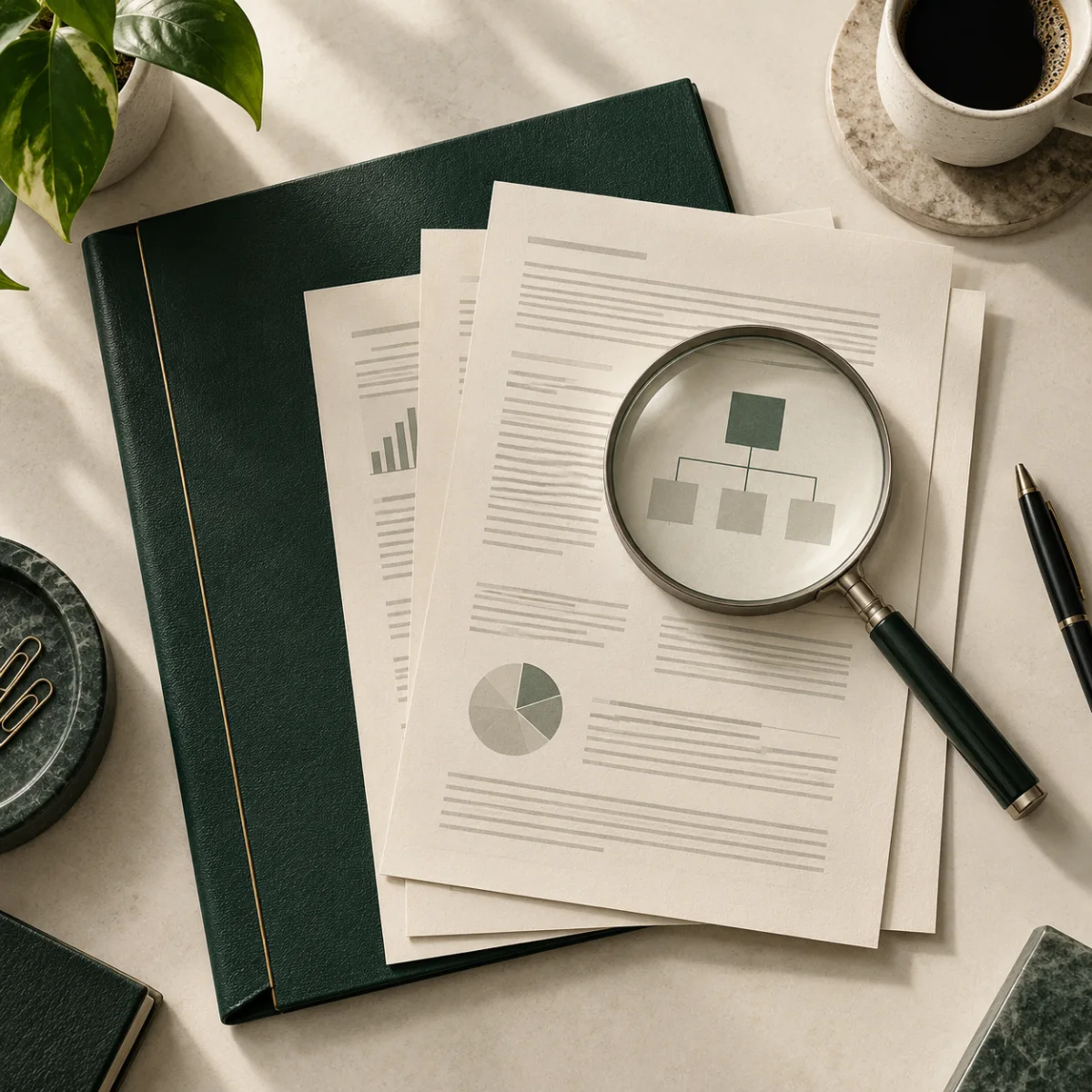 Pasta verde com documentos e uma lupa sobre uma mesa clara.